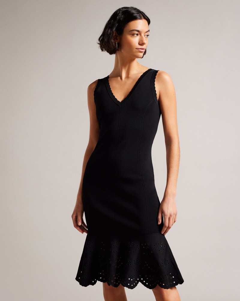 Black Women's Ted Baker Juliann Broderie Stitch Midi Knit Dress Price In India | J7I-1074