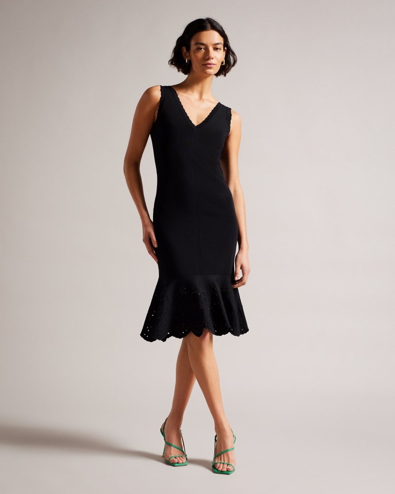 Black Women\'s Ted Baker Juliann Broderie Stitch Midi Knit Dress Price In India | J7I-1074