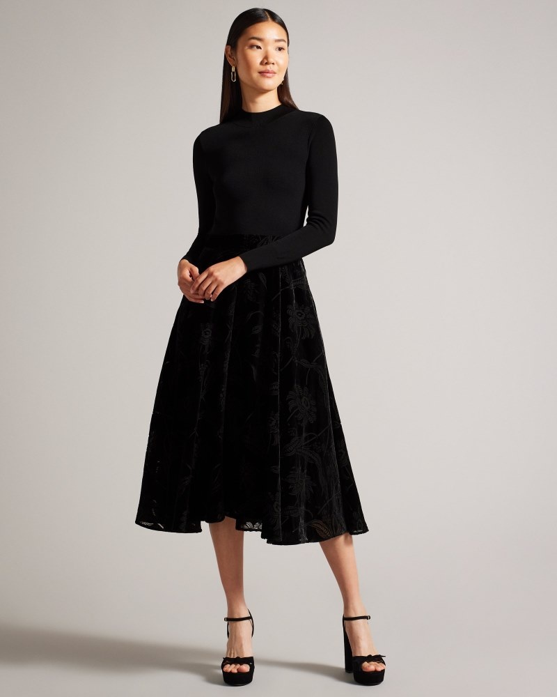 Black Women\'s Ted Baker Julyiet Knit Bodice Velvet Midi Dress Price In India | Z0C-0372