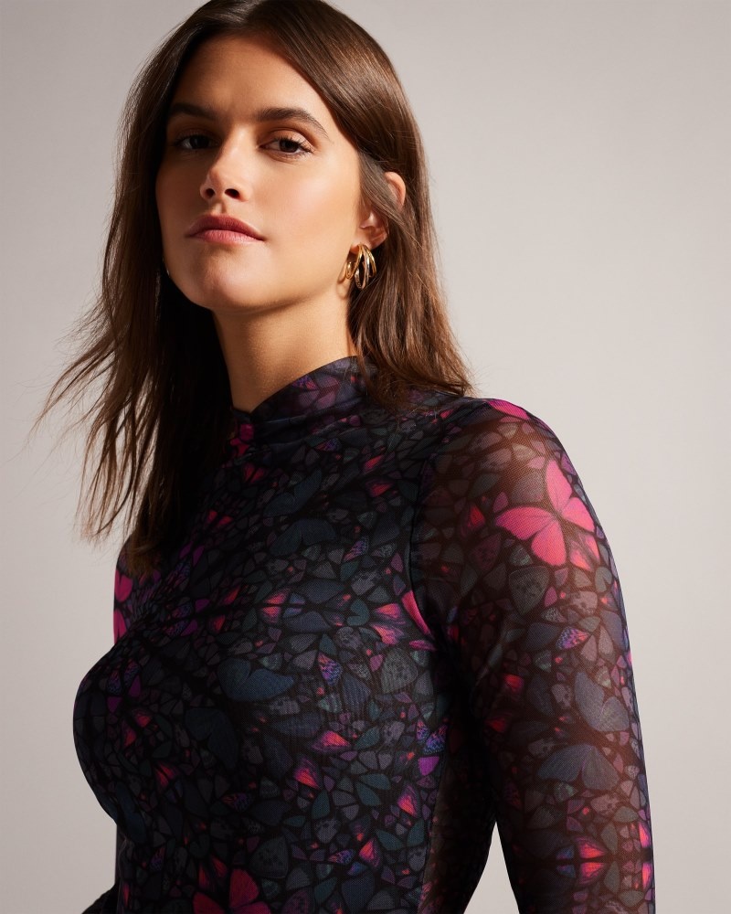 Black Women's Ted Baker Kamill Mesh Fitted Top with High Neck Tops Price In India | R3Y-2322