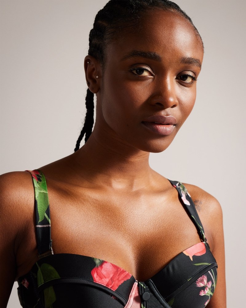 Black Women's Ted Baker Lusiye Printed Longline Bikini Top Price In India | H0O-2953