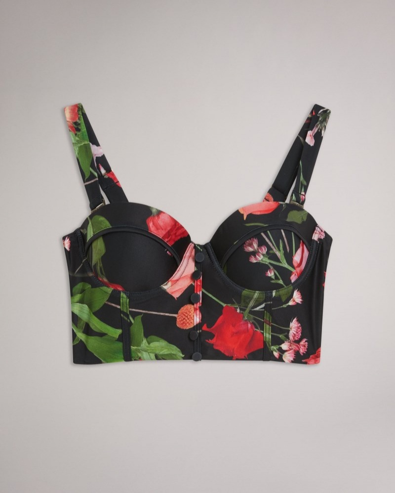 Black Women's Ted Baker Lusiye Printed Longline Bikini Top Price In India | H0O-2953