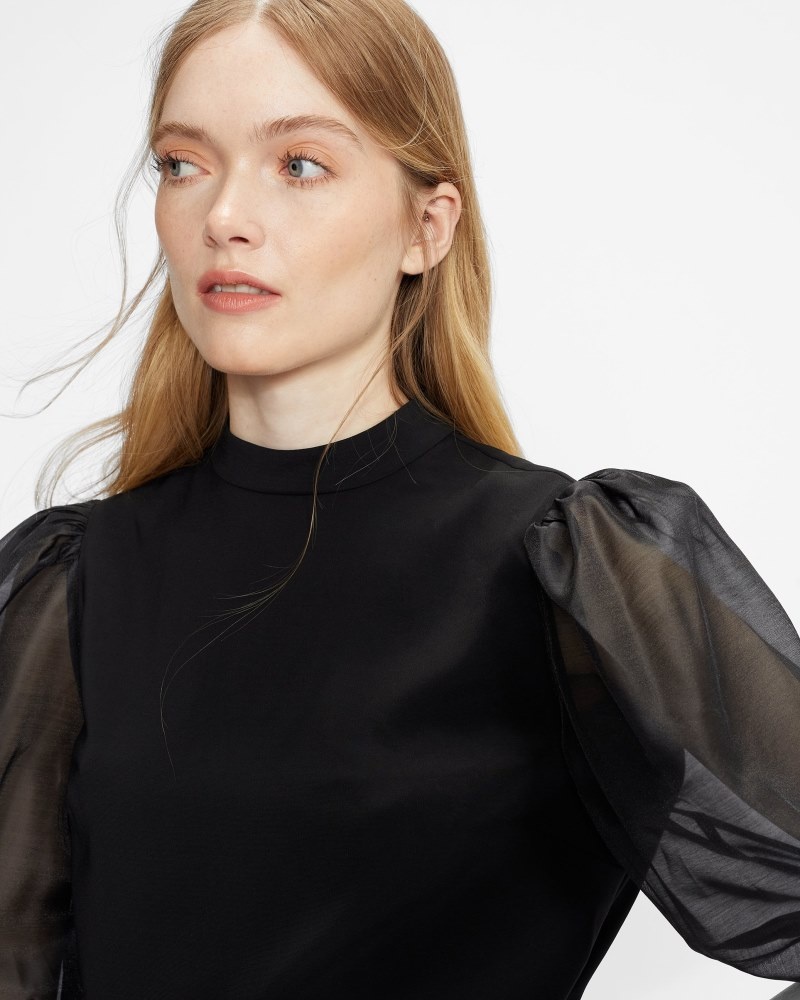 Black Women's Ted Baker Micaeli Organza Volume Sleeve Top Price In India | M7D-9677