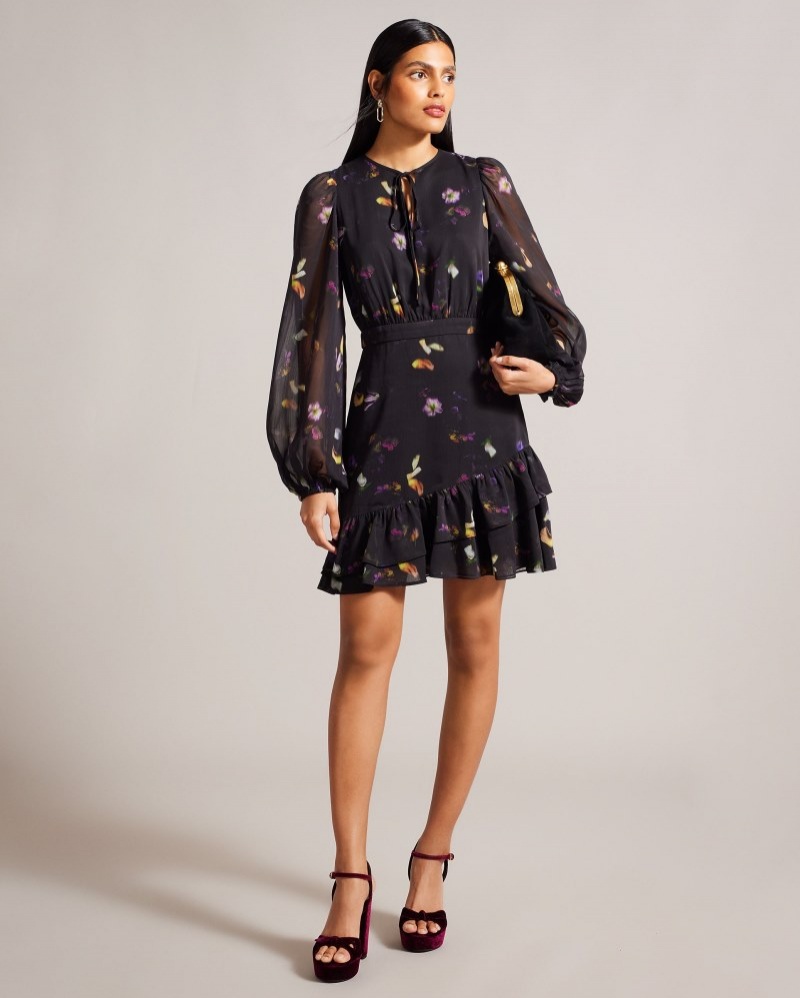 Black Women's Ted Baker Nikaii Ruffle Asymmetric Mini Dress Price In India | G5Y-7319