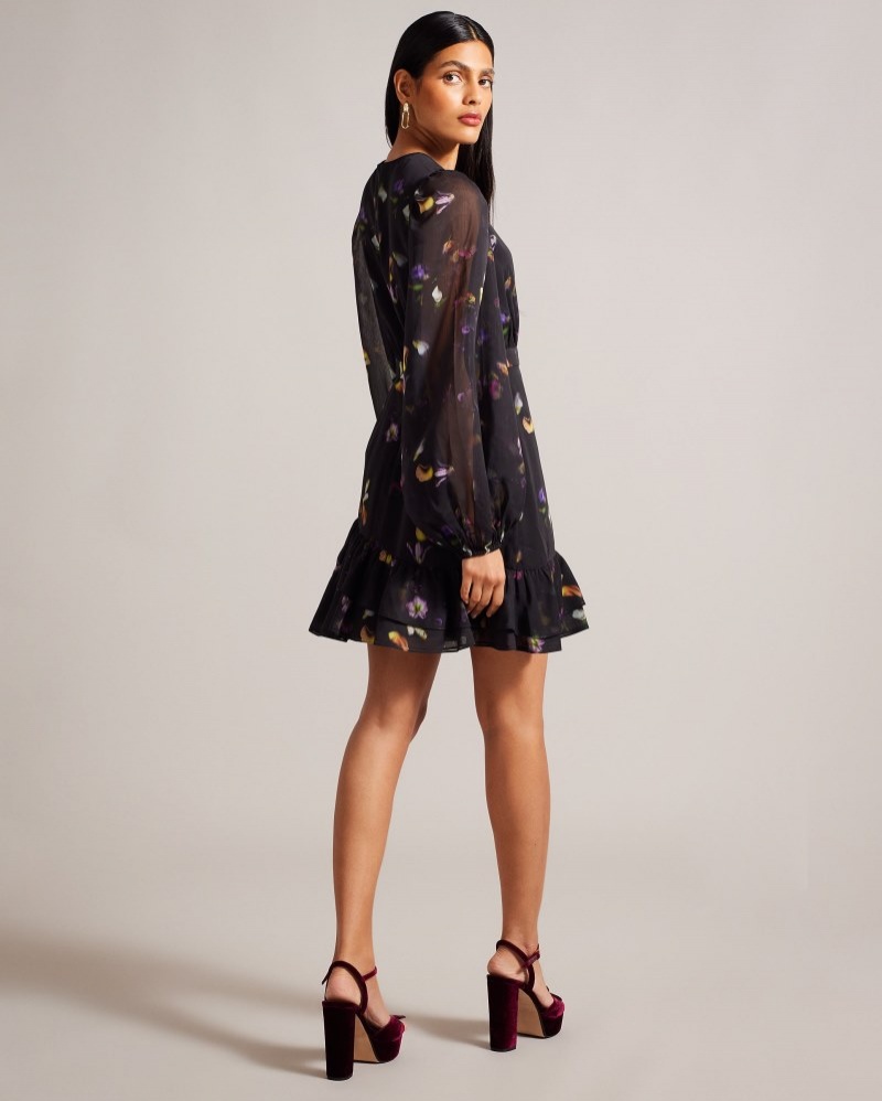 Black Women's Ted Baker Nikaii Ruffle Asymmetric Mini Dress Price In India | G5Y-7319