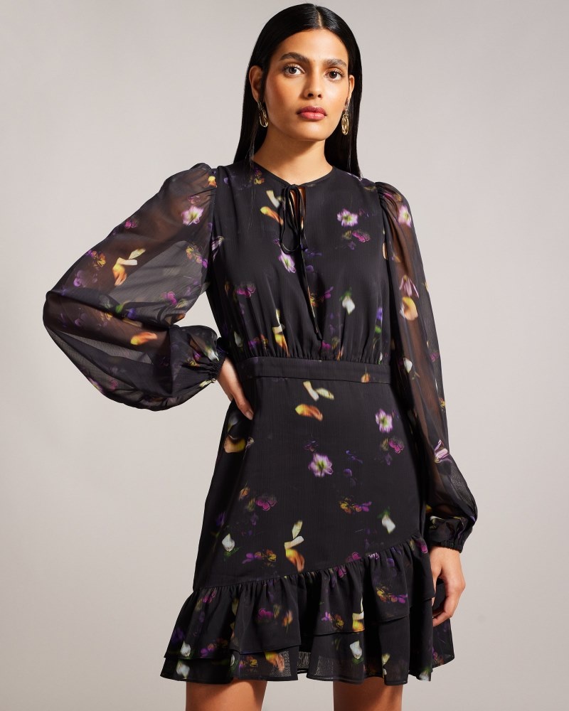 Black Women\'s Ted Baker Nikaii Ruffle Asymmetric Mini Dress Price In India | G5Y-7319