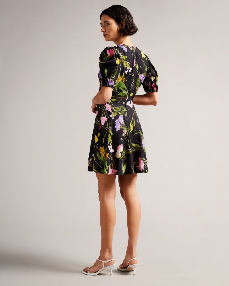 Black Women's Ted Baker Opallie Mini Puff Sleeve Tea Dress Price In India | M4U-4630