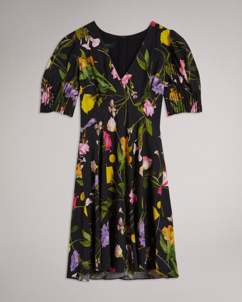 Black Women's Ted Baker Opallie Mini Puff Sleeve Tea Dress Price In India | M4U-4630