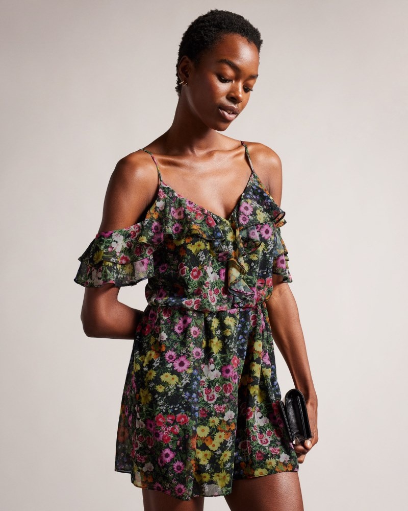 Black Women\'s Ted Baker Priyahh Off The Shoulder Ruffle Playsuit Price In India | X0H-9393