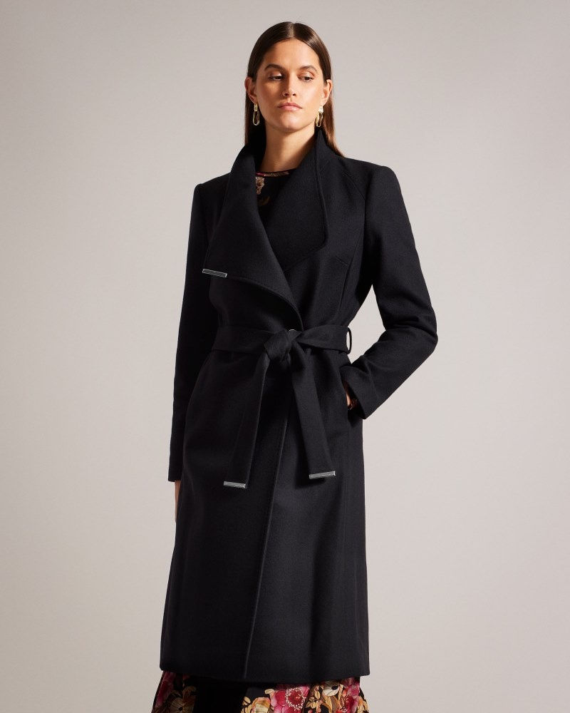 Black Women's Ted Baker Rose Midi Wool Wrap Coat with Shoulder Panels Price In India | K4O-0837