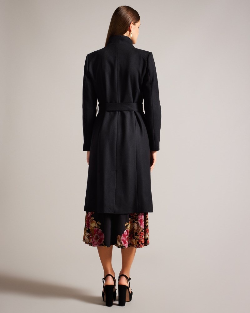 Black Women's Ted Baker Rose Midi Wool Wrap Coat with Shoulder Panels Price In India | K4O-0837