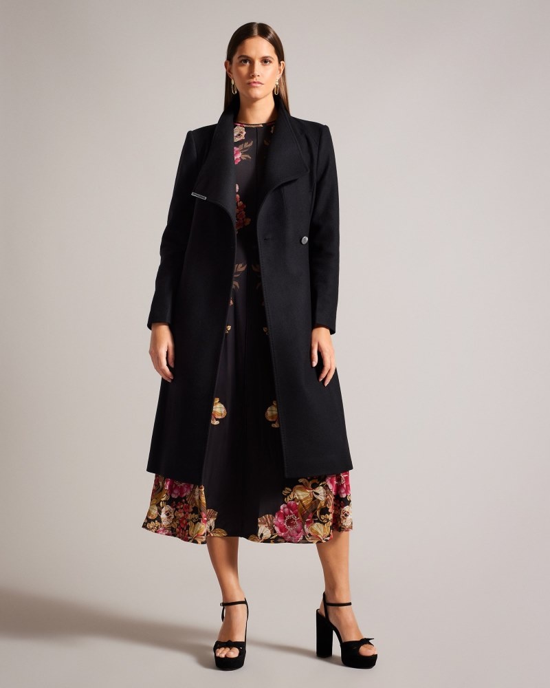 Black Women\'s Ted Baker Rose Midi Wool Wrap Coat with Shoulder Panels Price In India | K4O-0837