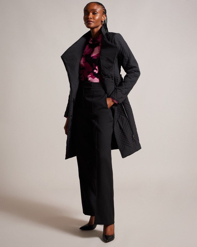 Black Women's Ted Baker Rosemae Padded Midi Wrap Coat Price In India | G3H-9106