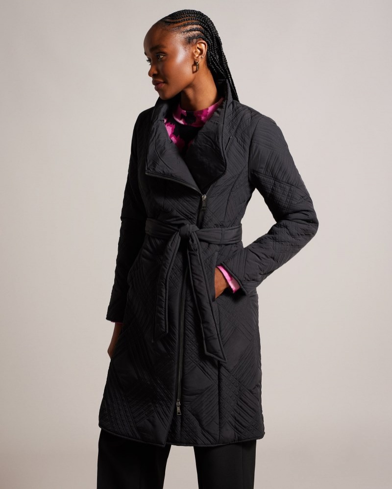 Black Women\'s Ted Baker Rosemae Padded Midi Wrap Coat Price In India | G3H-9106