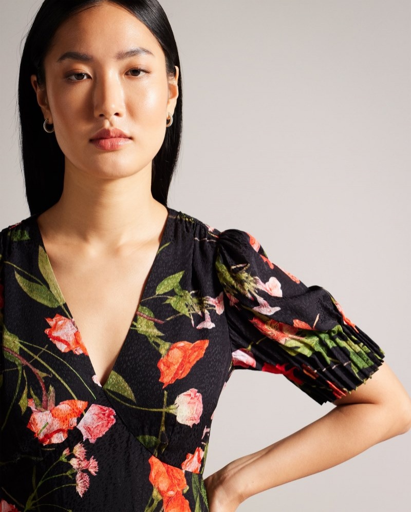 Black Women's Ted Baker Sienno Mini Puff Sleeve Tea Dress Price In India | V2A-1661