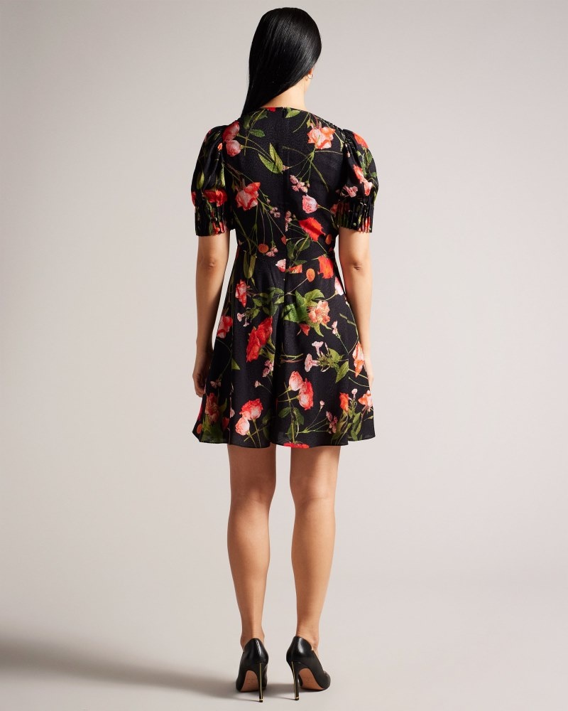 Black Women's Ted Baker Sienno Mini Puff Sleeve Tea Dress Price In India | V2A-1661