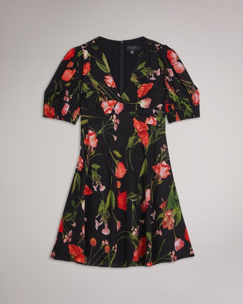 Black Women's Ted Baker Sienno Mini Puff Sleeve Tea Dress Price In India | V2A-1661