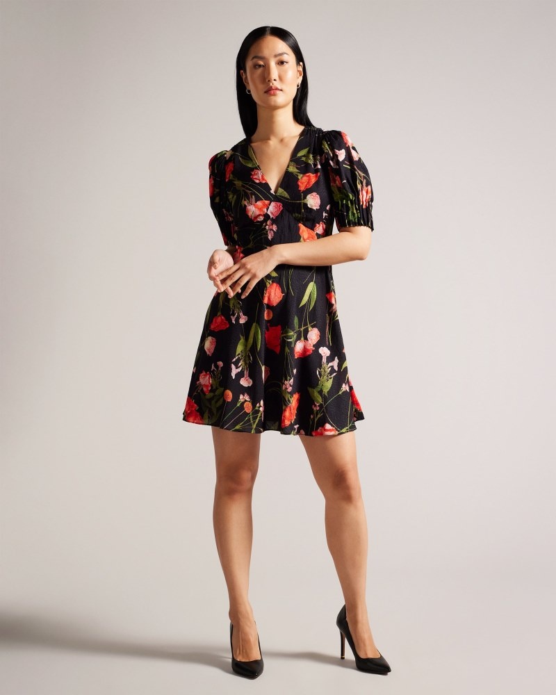 Black Women\'s Ted Baker Sienno Mini Puff Sleeve Tea Dress Price In India | V2A-1661