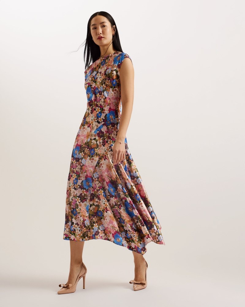 Black Women\'s Ted Baker Slanno Asymmetric Sleeveless Midi Dress Price In India | B8E-2376