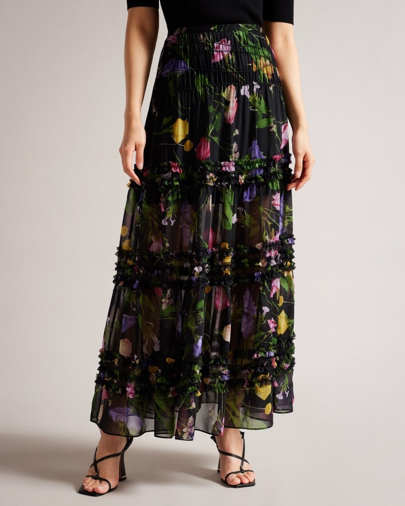 Black Women's Ted Baker Thieaa Micro Ruffle Tiered Midaxi Skirt Price In India | H4Y-2963