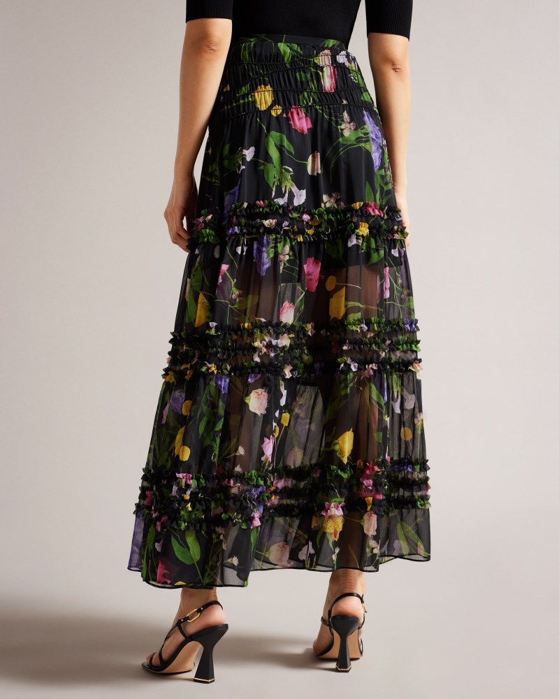 Black Women's Ted Baker Thieaa Micro Ruffle Tiered Midaxi Skirt Price In India | H4Y-2963