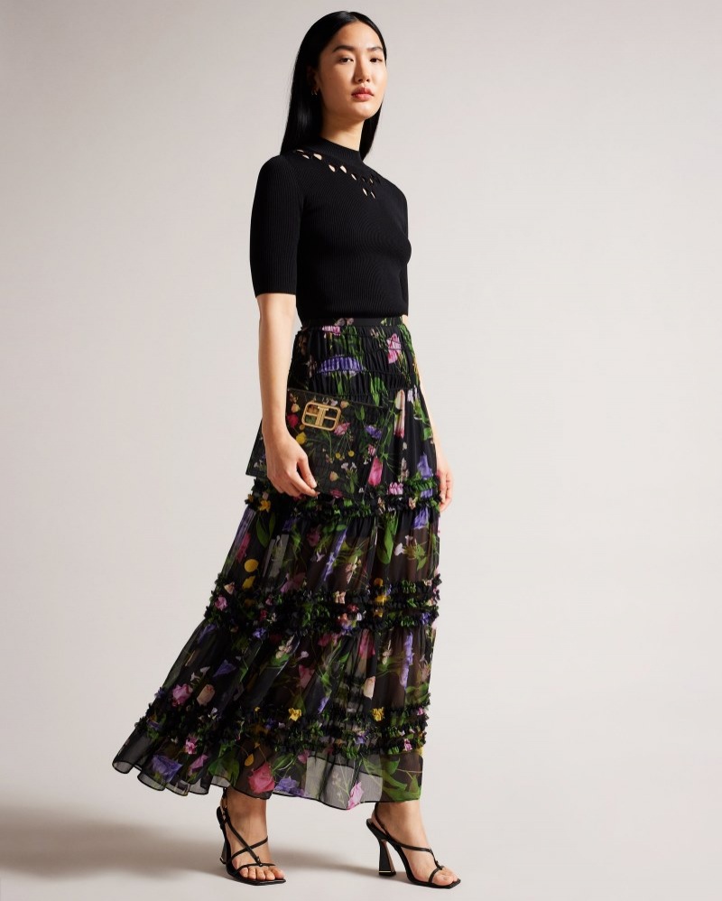 Black Women\'s Ted Baker Thieaa Micro Ruffle Tiered Midaxi Skirt Price In India | H4Y-2963