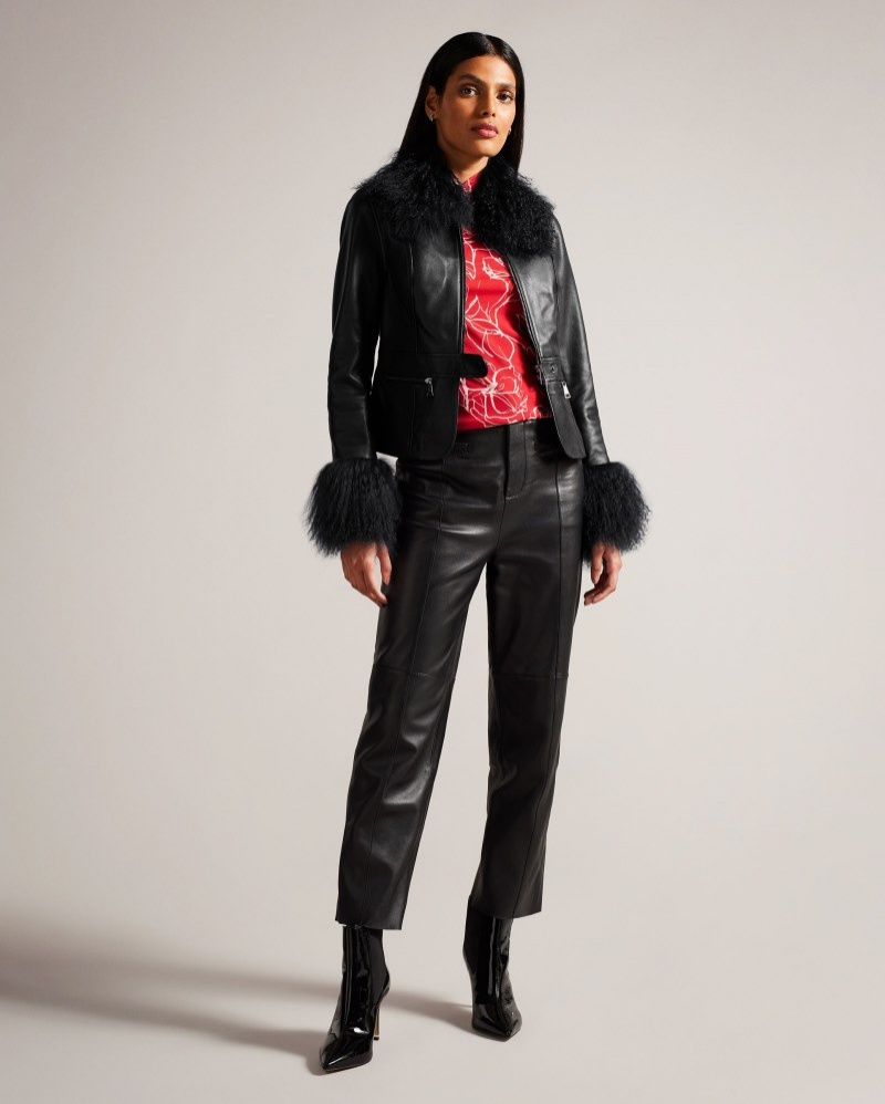 Black Women's Ted Baker Tillyah Hip Length Leather Peplum Jacket with Cuffs Price In India | O7I-7537