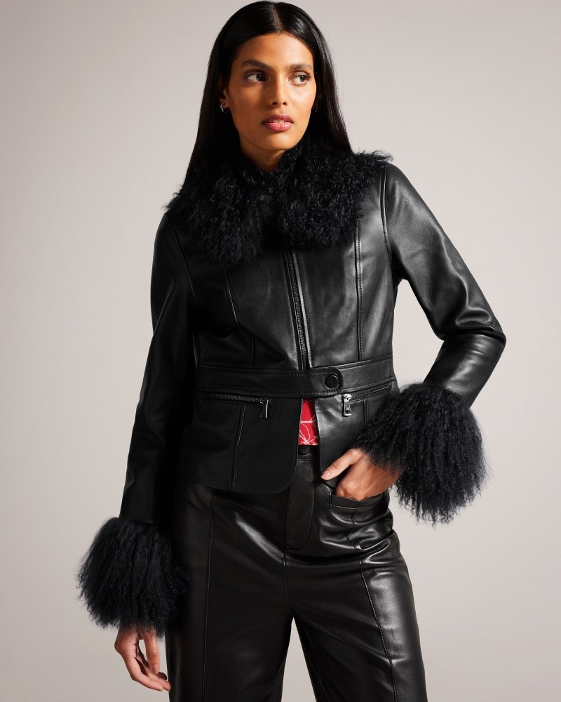 Black Women\'s Ted Baker Tillyah Hip Length Leather Peplum Jacket with Cuffs Price In India | O7I-7537