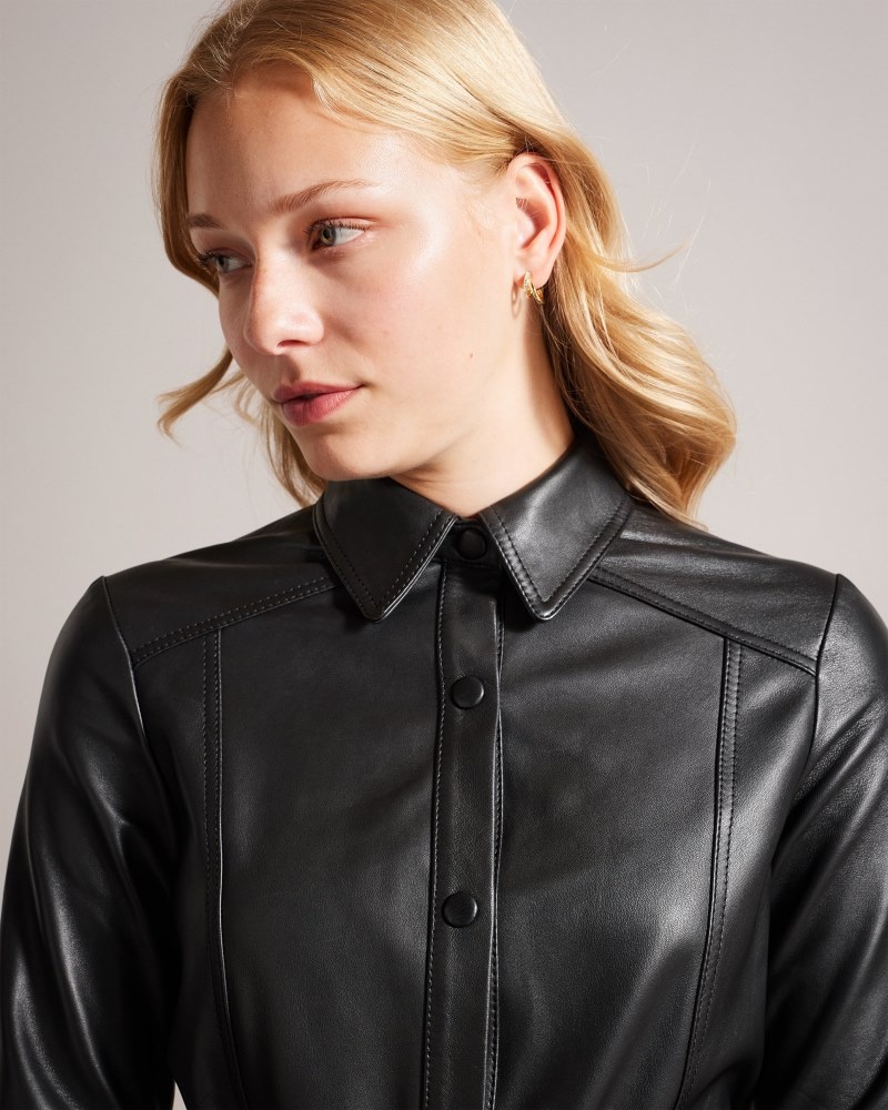 Black Women's Ted Baker Tyrraah Leather Shirt Dress Price In India | F3Z-4329