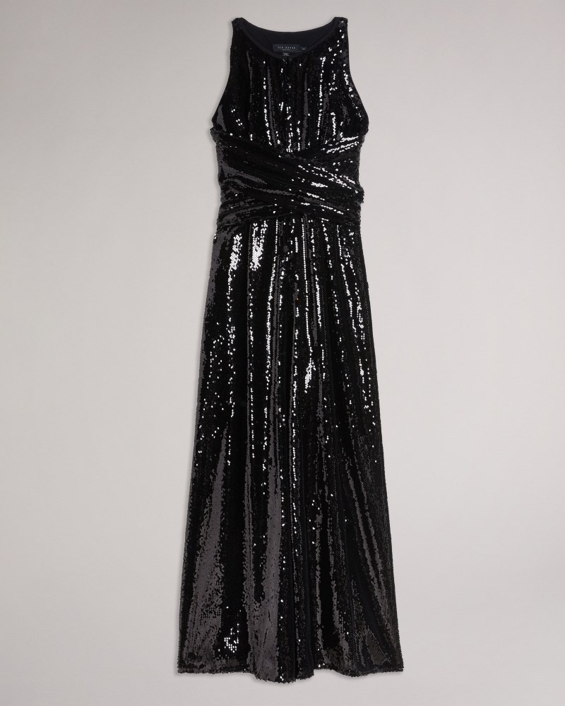 Black Women's Ted Baker Vivalee Wide Leg Sequin Jumpsuit Price In India | I2S-6051