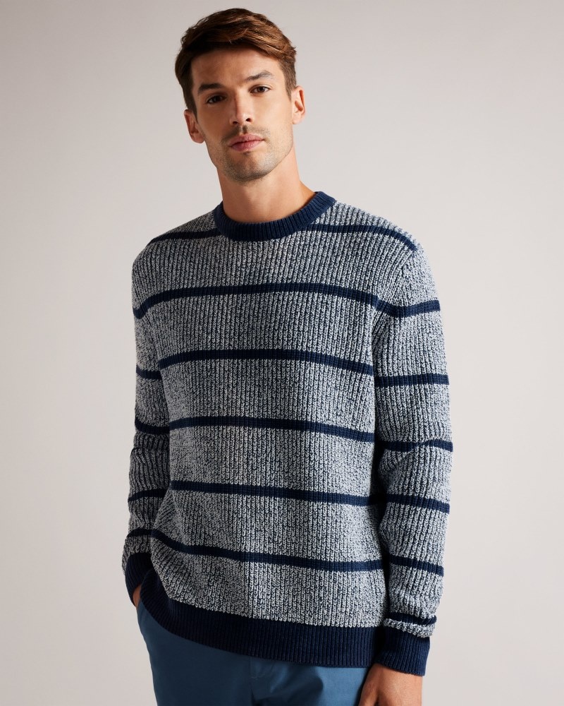 Blue Men's Ted Baker Angio LS Regular Stripe Crew Neck Sweaters Price In India | B3H-7406