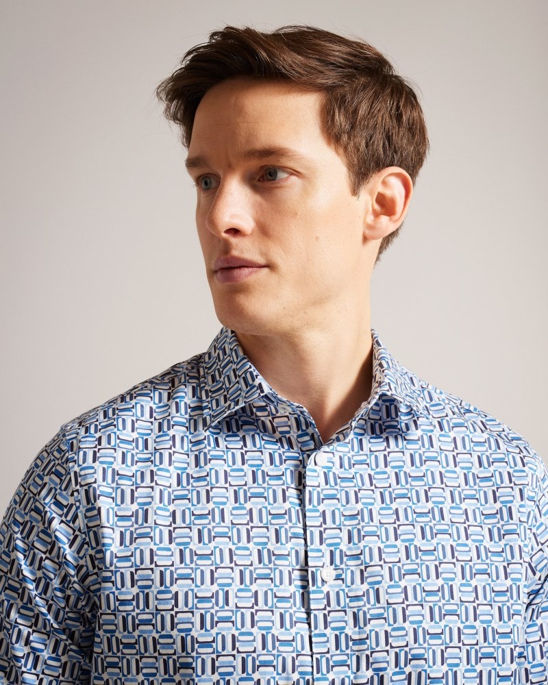 Blue Men's Ted Baker Astun SS Cotton Stretch Geo Shirt Price In India | G1O-2506