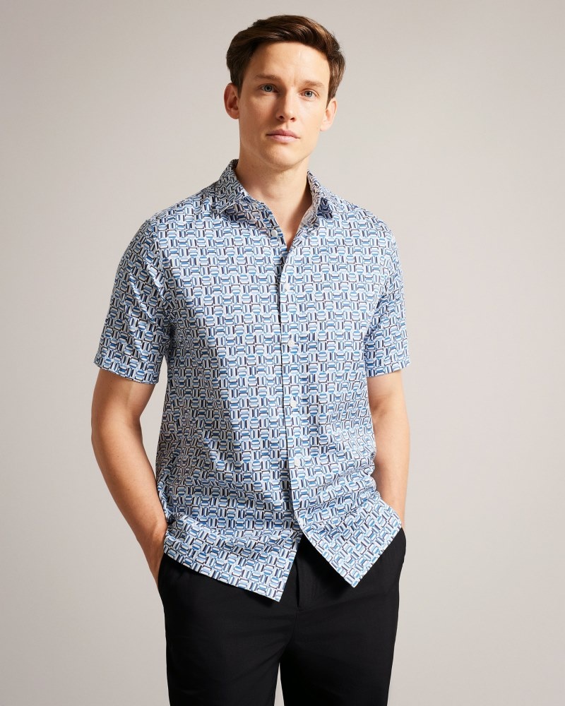 Blue Men\'s Ted Baker Astun SS Cotton Stretch Geo Shirt Price In India | G1O-2506