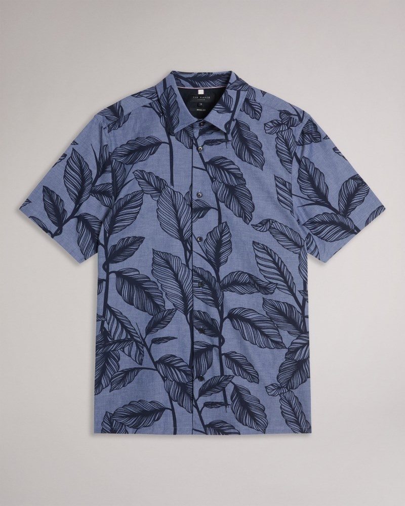 Blue Men's Ted Baker Howth SS Regular Linen Leaf Shirt Price In India | P3T-6880