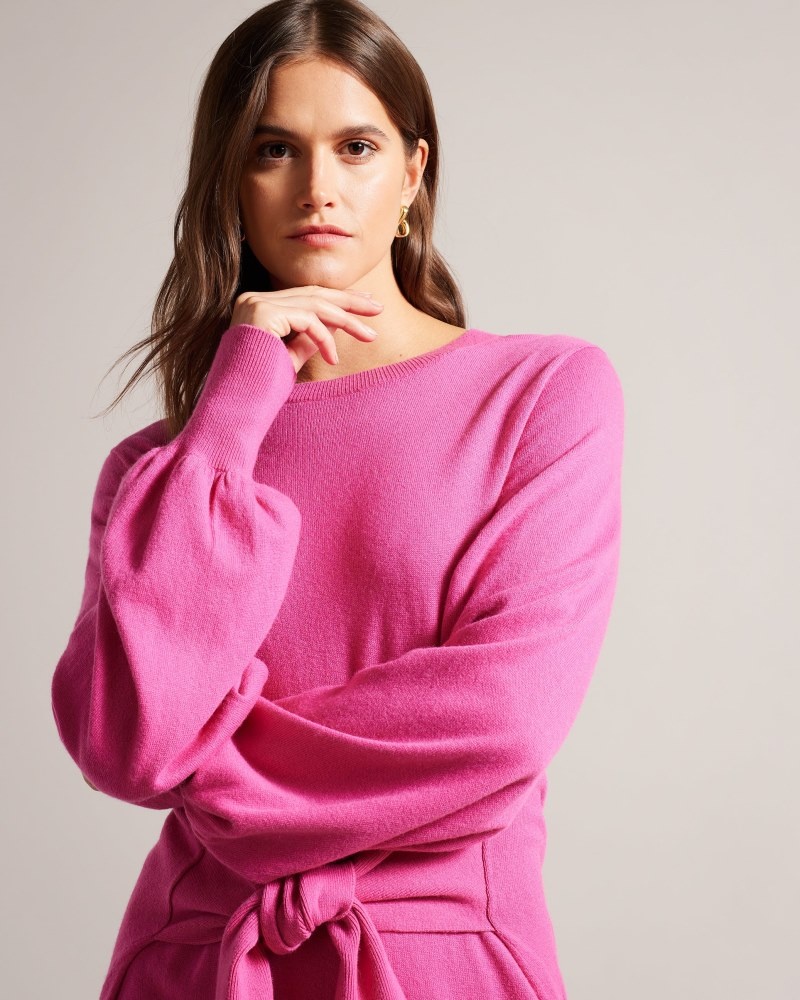 Bright Pink Women's Ted Baker Essya Slouchy Tie Front Midi Knit Dress Price In India | K9Q-3552