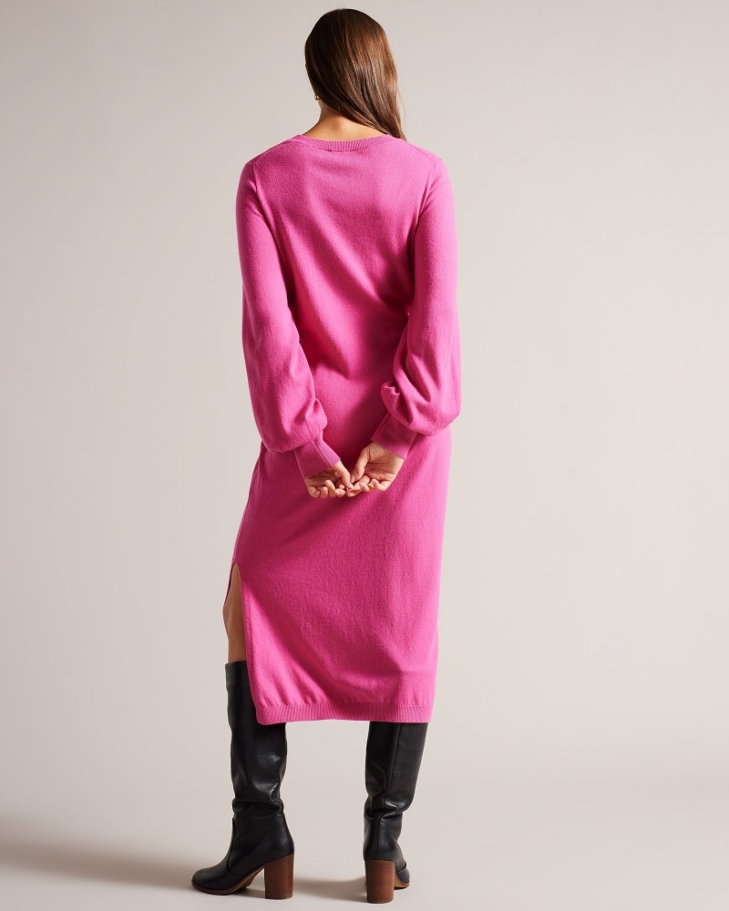 Bright Pink Women's Ted Baker Essya Slouchy Tie Front Midi Knit Dress Price In India | K9Q-3552