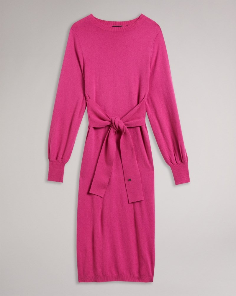 Bright Pink Women's Ted Baker Essya Slouchy Tie Front Midi Knit Dress Price In India | K9Q-3552