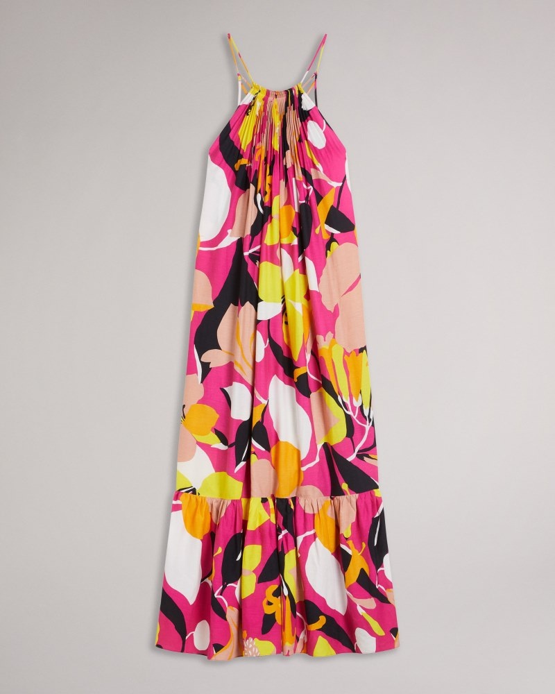 Bright Pink Women's Ted Baker Ikella Strappy Linen Maxi Dress with Pleat Detail Dress Price In India | H1I-0423