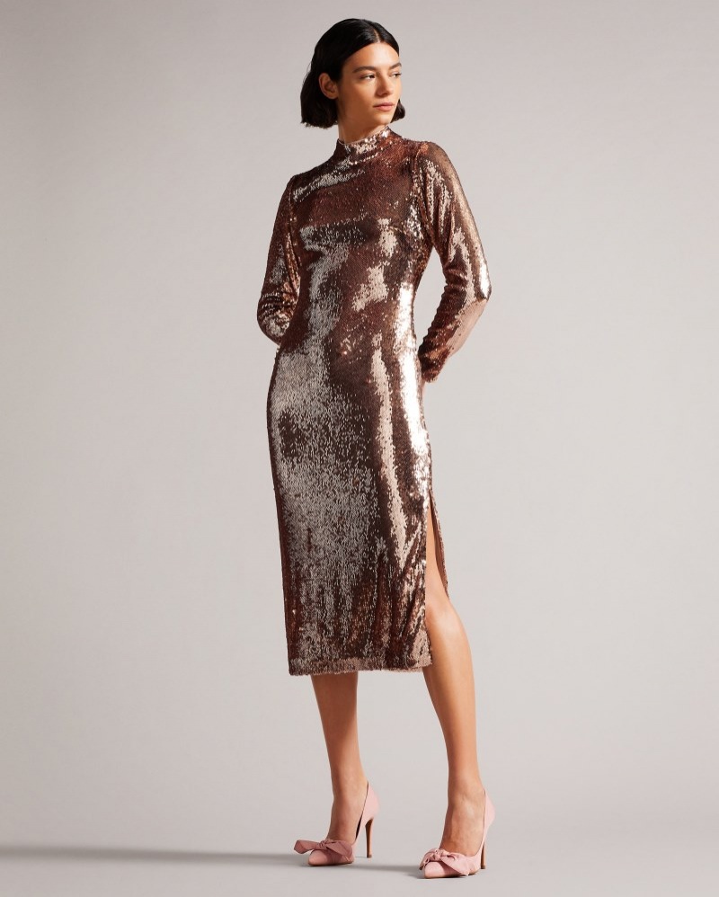 Brown Women's Ted Baker Brookly Sequin Tube Dress with Long Fitted Sleeve Dress Price In India | W4Y-3626