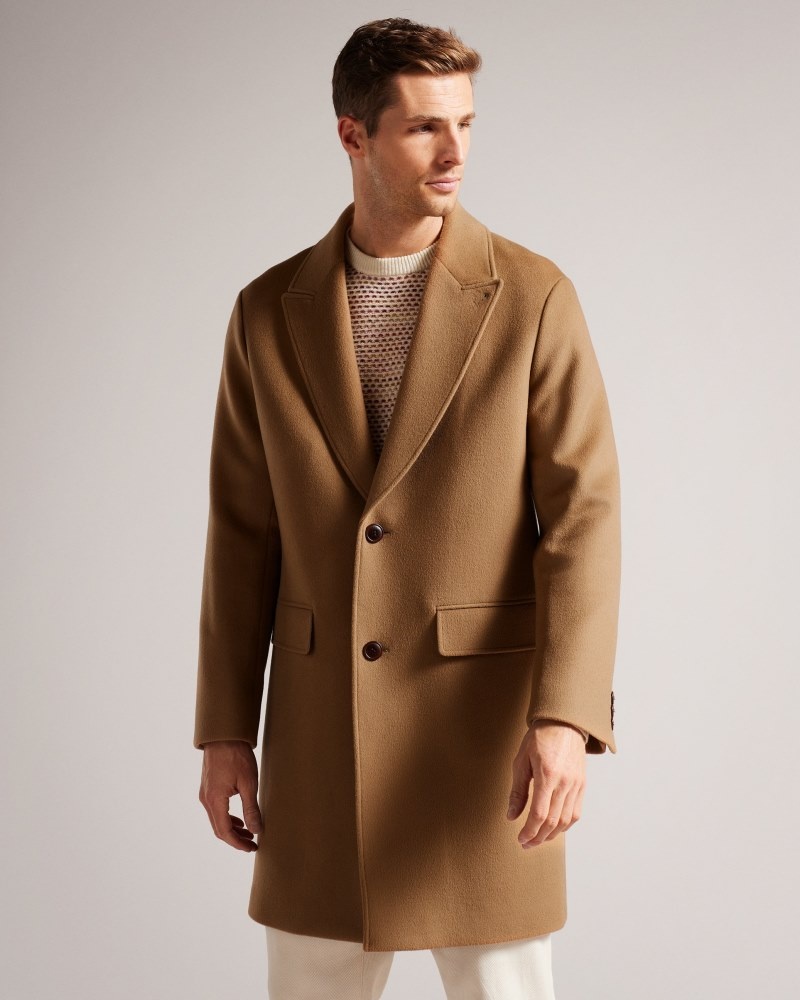 Camel Men's Ted Baker Raydon Pure Wool Single Breasted Overcoat Price In India | X6J-7742