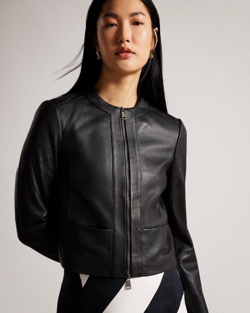 Charcoal Women\'s Ted Baker Clarya Fitted Panelled Leather Jacket Price In India | W0S-0276