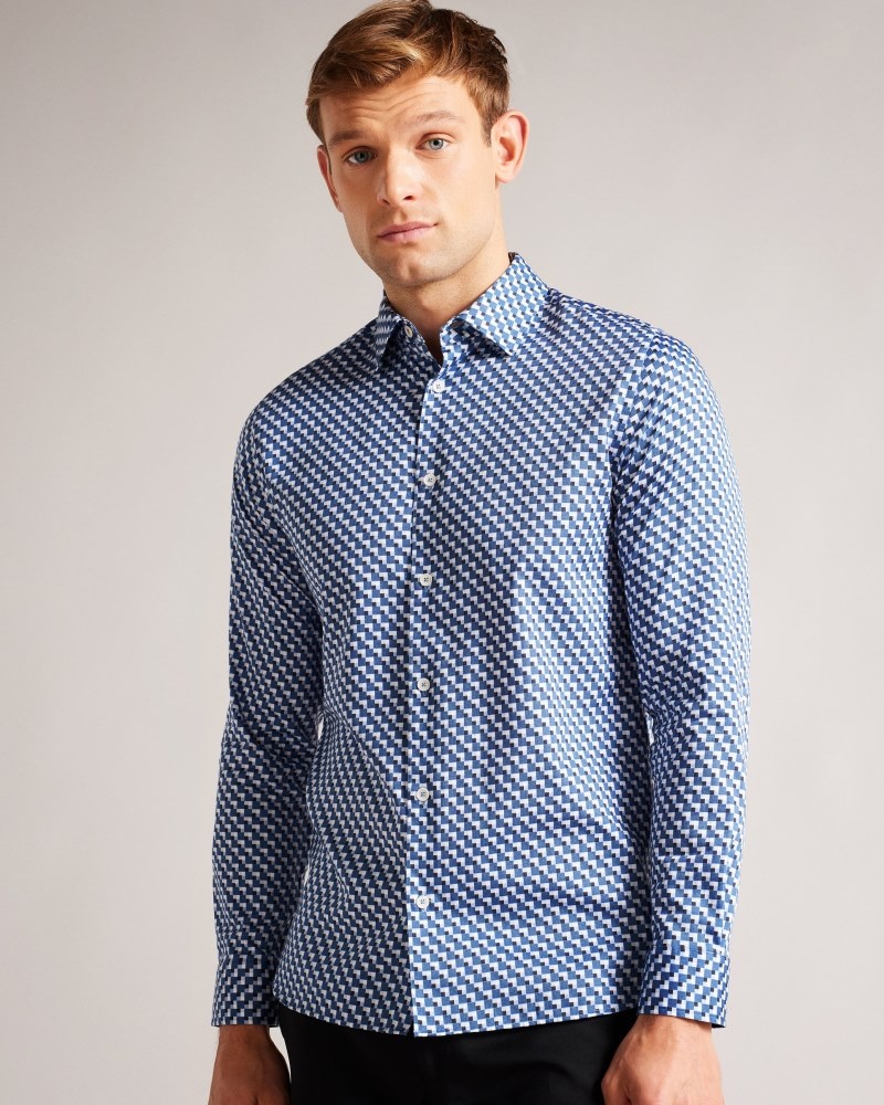 Dark Blue Men\'s Ted Baker Barder Long Sleeve Stretch Geo Shirt Price In India | Z9R-8058