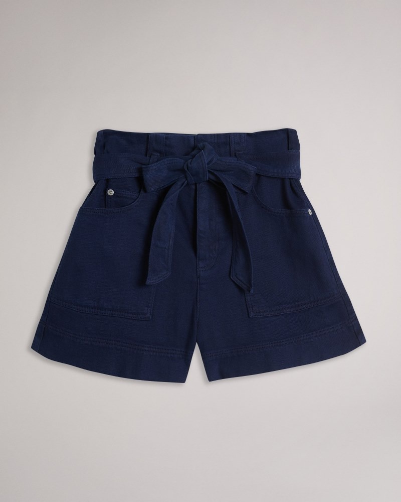 Dark Blue Women's Ted Baker Danikii Self Tie High Waisted Denim Short Price In India | P8O-2077