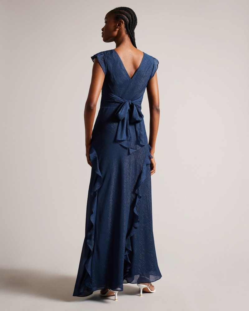 Dark Blue Women's Ted Baker Laurae Bias Cut Maxi Dress with Ruffle Detail Dress Price In India | R9Z-5609