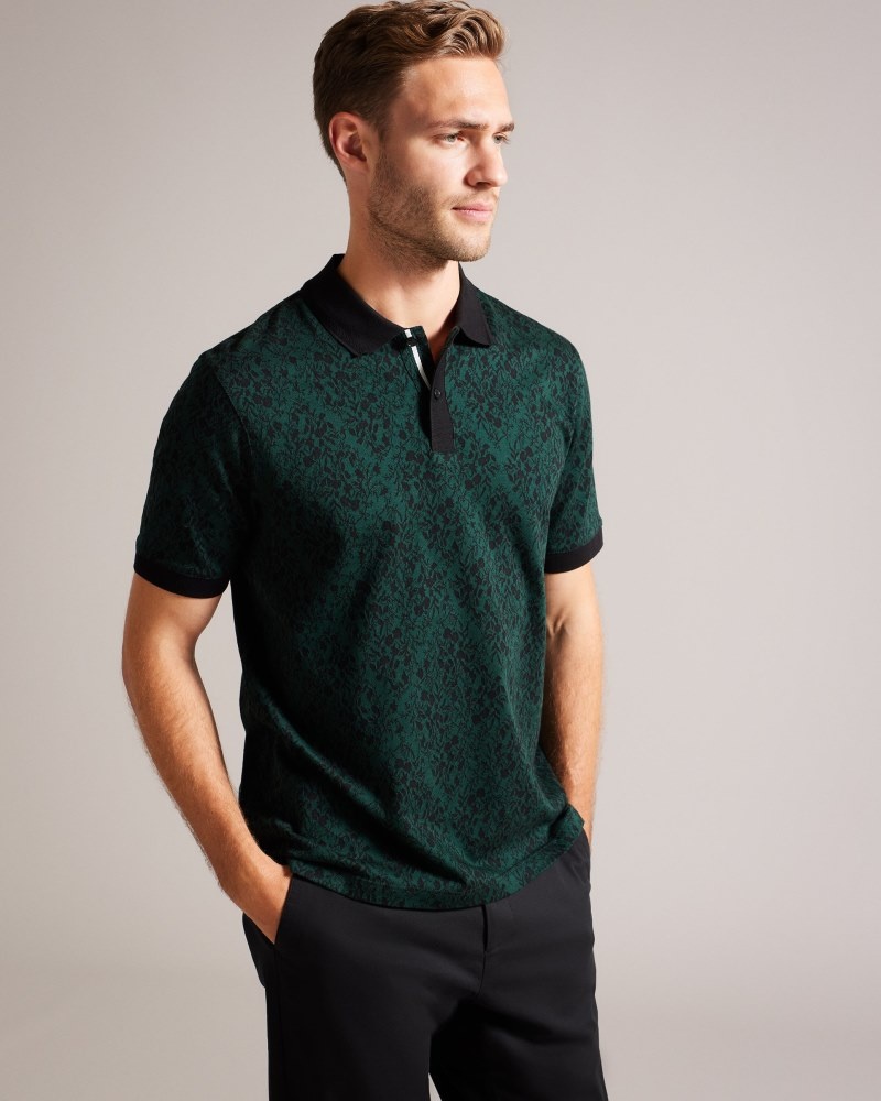 Dark Green Men's Ted Baker Ealis SS Regular Jacquard Polo Shirt Price In India | U9J-4481