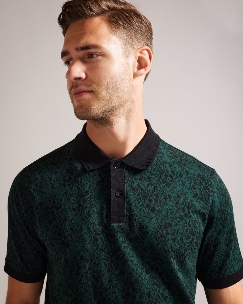 Dark Green Men\'s Ted Baker Ealis SS Regular Jacquard Polo Shirt Price In India | U9J-4481