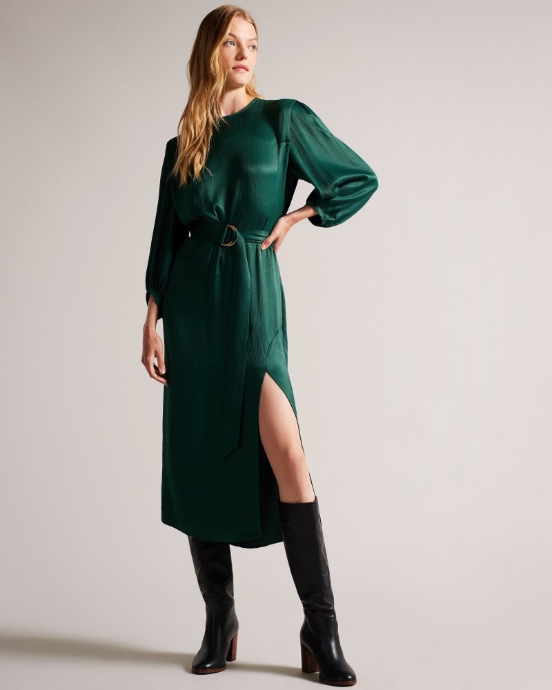 Dark Green Women's Ted Baker Josina Belted Midi Dress with Exaggerated Shoulder Dress Price In India | B7N-3000