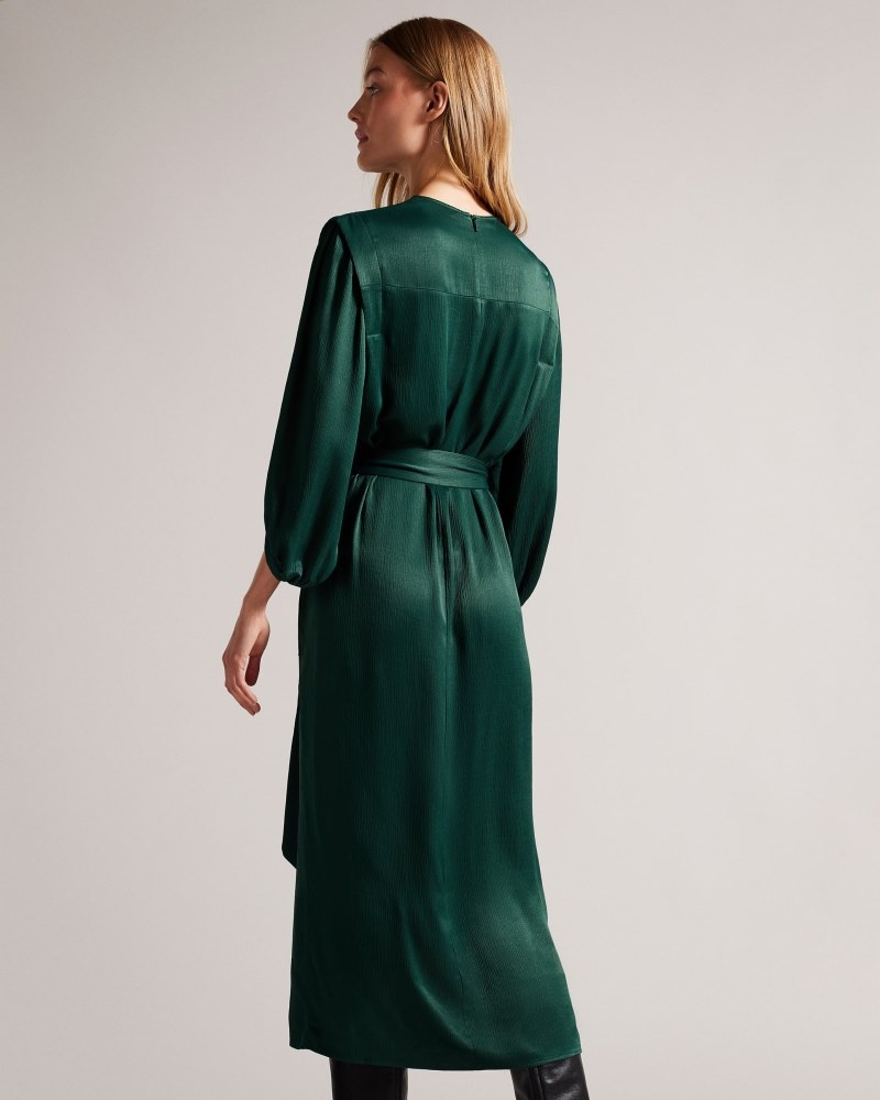 Dark Green Women's Ted Baker Josina Belted Midi Dress with Exaggerated Shoulder Dress Price In India | B7N-3000