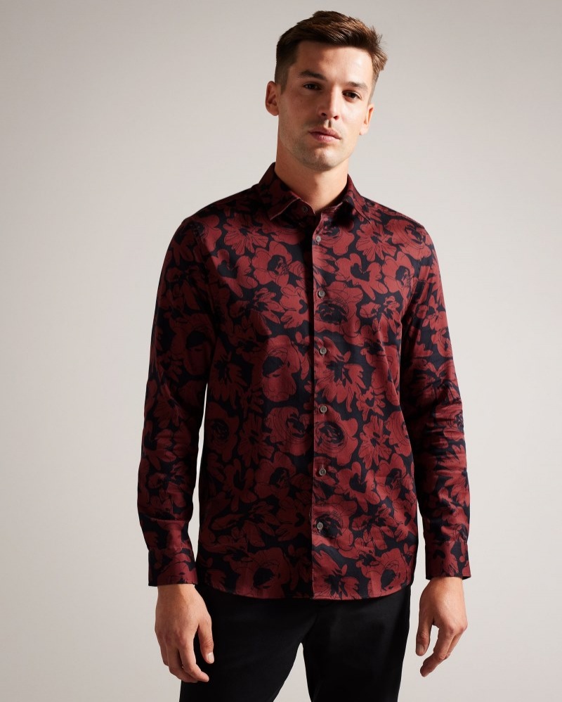 Dark Red Men's Ted Baker Boleena LS Bold Floral Shirt Price In India | Y7Z-1804