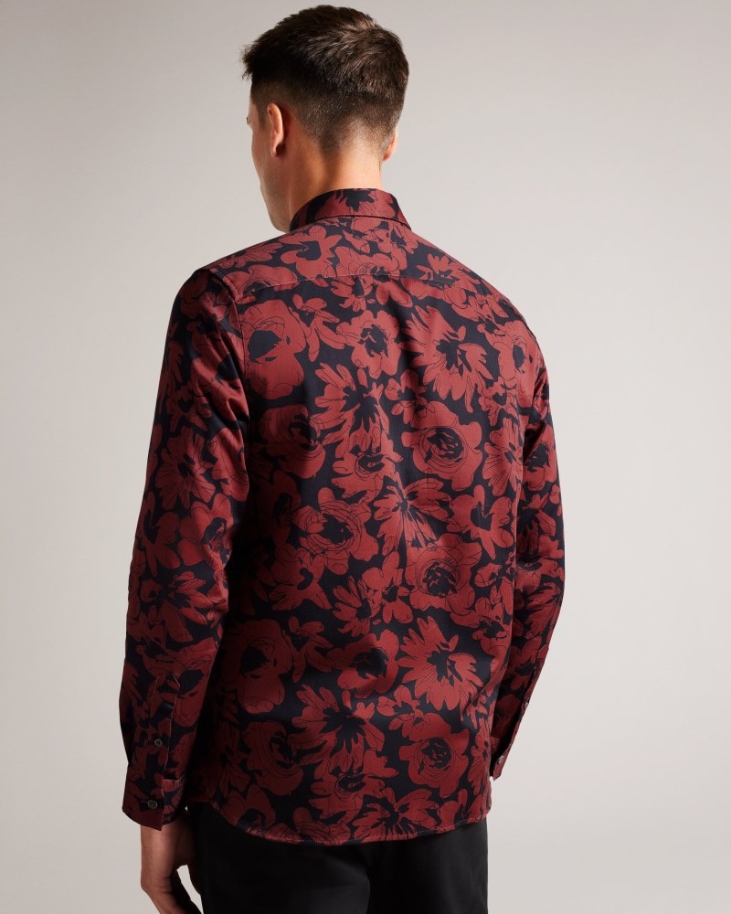 Dark Red Men's Ted Baker Boleena LS Bold Floral Shirt Price In India | Y7Z-1804